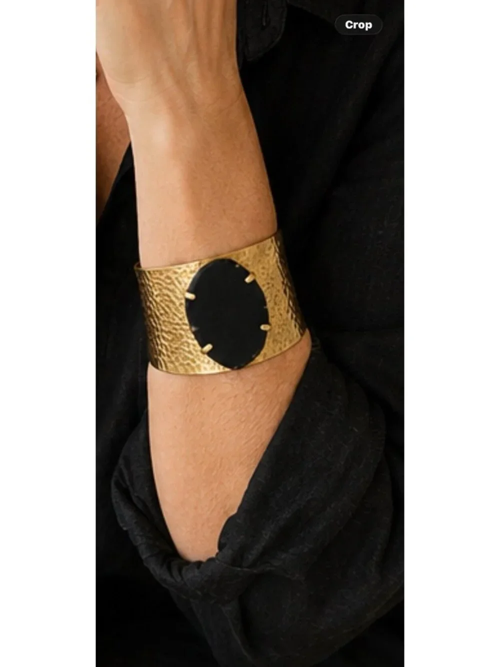 Hammered Brass Black Onyx 2” Wide Cuff Bracelet Artisan Boho Statement Chunky